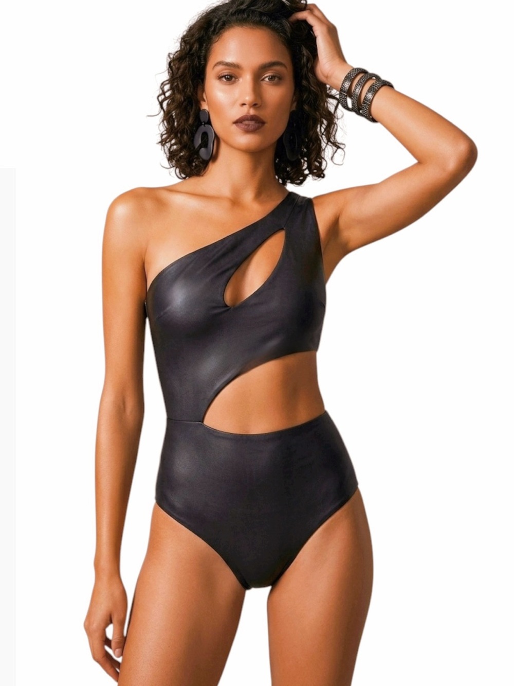 Moeva Hazel One Shoulder 1 Piece Swimsuit black faux leather bathing suit XS NWT